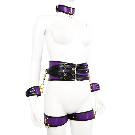 PU Leather Bondage Restraint Set - Collar Waist Belt Cuffs & Connectors (Purple)