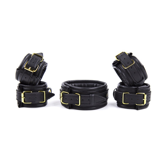 PU Leather Padded Collar Handcuffs & Ankle Cuffs Set with Leash (Black)