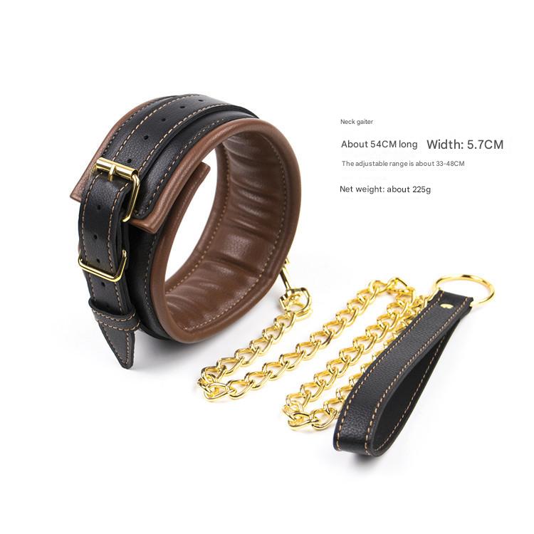 PU Leather Padded Collar Handcuffs & Ankle Cuffs Set with Leash (Brown)