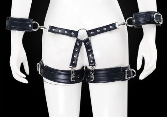 PU Leather X-Harness Restraint Set with Cuffs - Brilliant Leather Blue