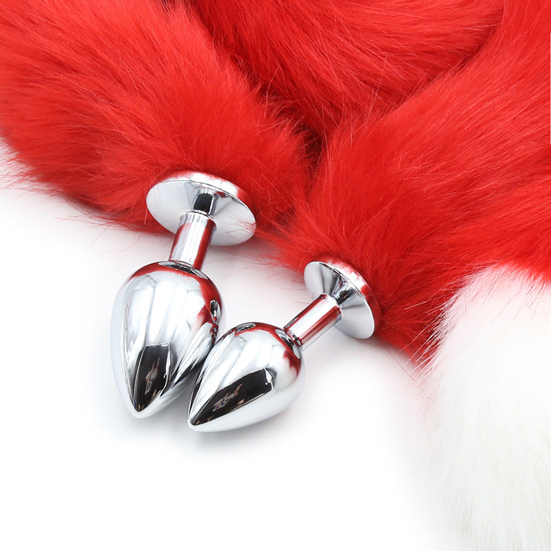 Faux Fur Tail with Metal Anal Plug - Cosplay Novelty Accessory (White/Red Small)