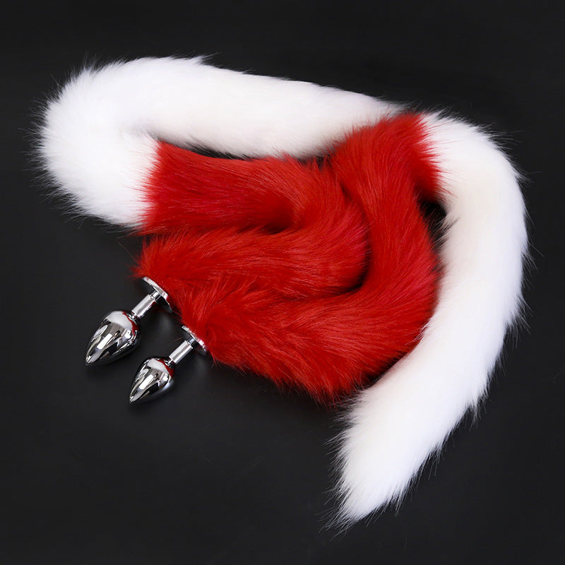 Faux Fur Tail with Metal Anal Plug - Cosplay Novelty Accessory (White/Red Small)