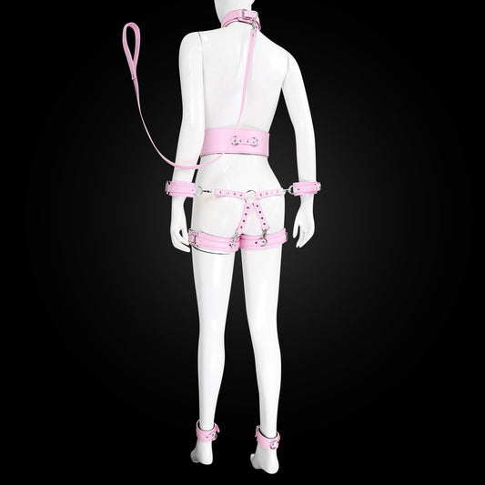 PU Leather Bondage Restraint Set - Collar Leash Cuffs & Harness (Pink)