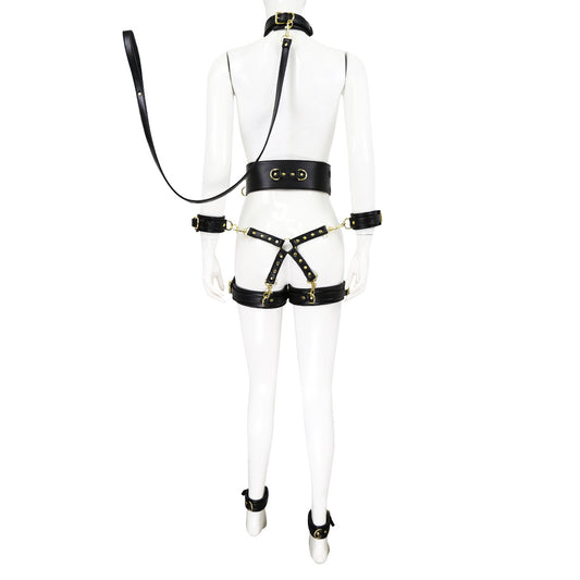 PU Leather Bondage Restraint Set - Collar Leash Cuffs & Harness (Black)