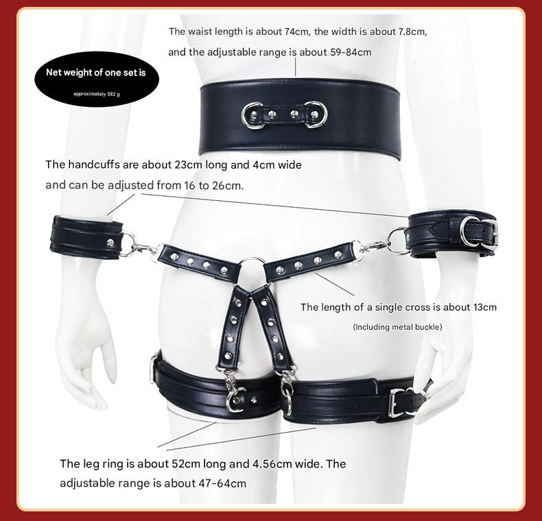 PU Leather Bondage Restraint Set - Collar Leash Cuffs & Harness (Black)