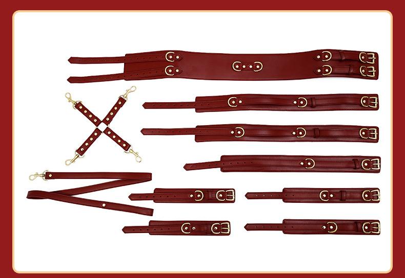 PU Leather Bondage Restraint Set - Collar Leash Cuffs & Harness (Black)