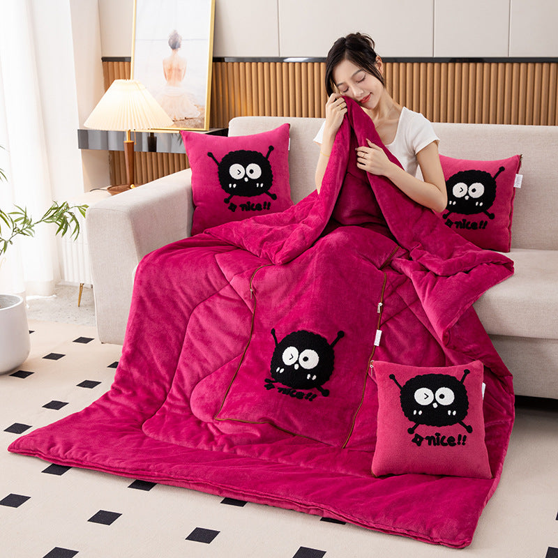 Rose Red Padded and Thickened Elf 2-in-1 Foldable Car Pillow Blanket - Cozy 40x40cm Pillow, Unfolds to 100x150cm Blanket for Travel and Office Naps