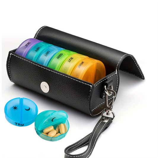 7-Day Travel Pill Organizer - Black PU Leather Pouch 14 Colourful Compartments