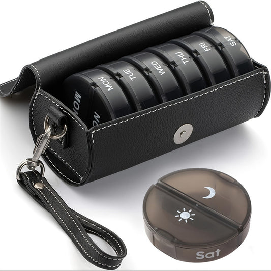 7-Day Travel Pill Organizer - Black PU Leather Pouch 14 Black Compartments AM/PM
