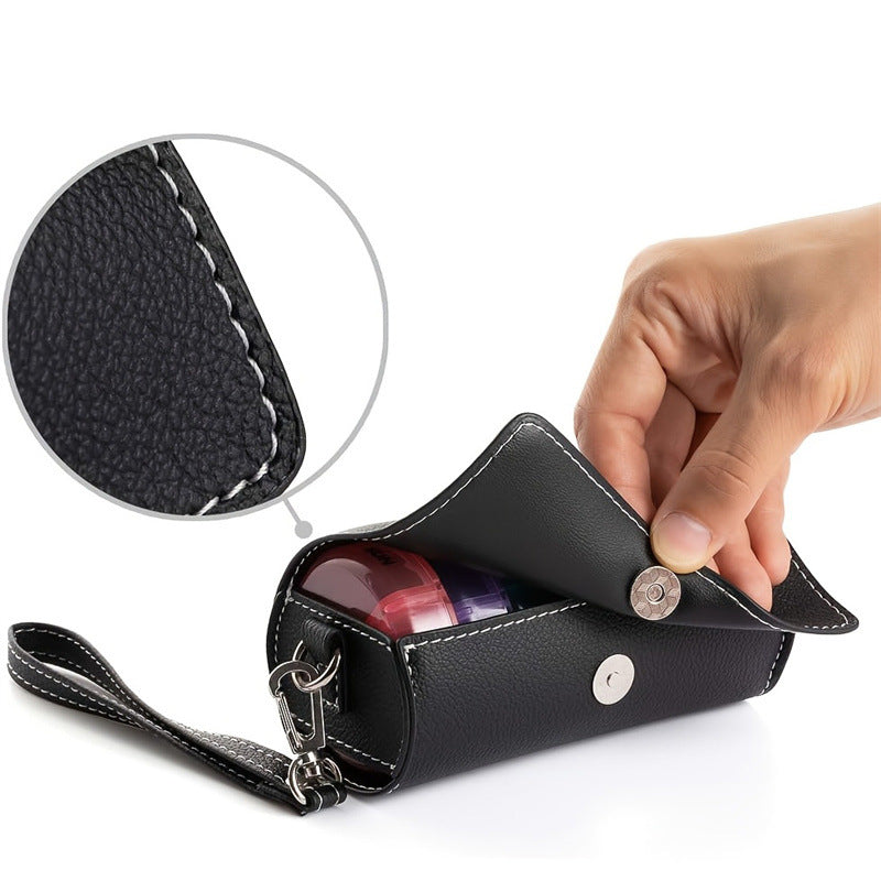 7-Day Travel Pill Organizer - Black PU Leather Pouch 14 Black Compartments AM/PM