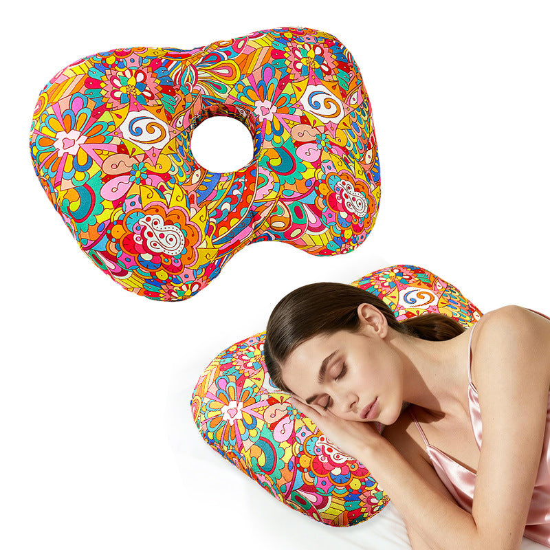 Cashew blossoms Hollow Ear Support Pillow – Adjustable Side Sleep Neck Cushion with PP Cotton Filling and Breathable Fabric