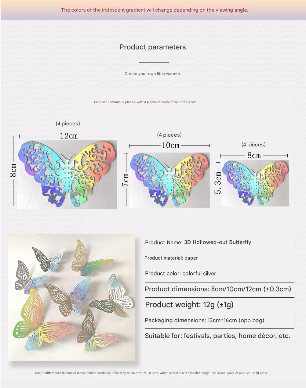 3D Butterfly Wall Stickers - Iridescent Silver Paper - 72pcs Set, Hollow Cut Design, Removable Decor for Home, Party, Wedding, Kids Room, Easy Peel and Stick-Style C