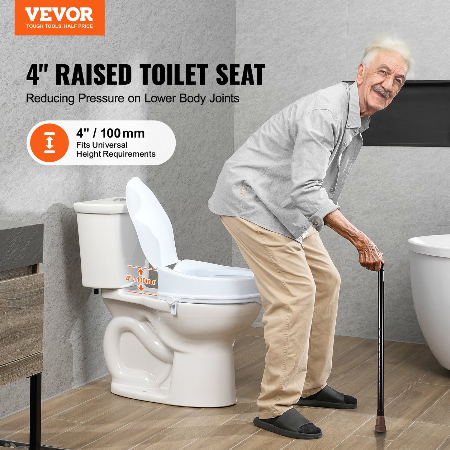 Raised Toilet Seat 100mm Height Increase with Lid Universal Toilet Seat Riser 136kg Capacity