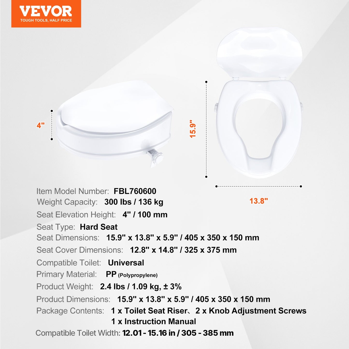 Raised Toilet Seat 100mm Height Increase with Lid Universal Toilet Seat Riser 136kg Capacity