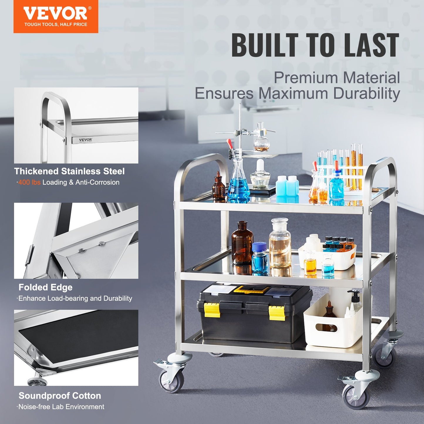 Stainless Steel Cart, 3 Layers Lab Utility Cart 181 kg Weight Capacity, Medical Cart with Lockable Universal Wheels, for Lab, Clinic, Kitchen, Salon