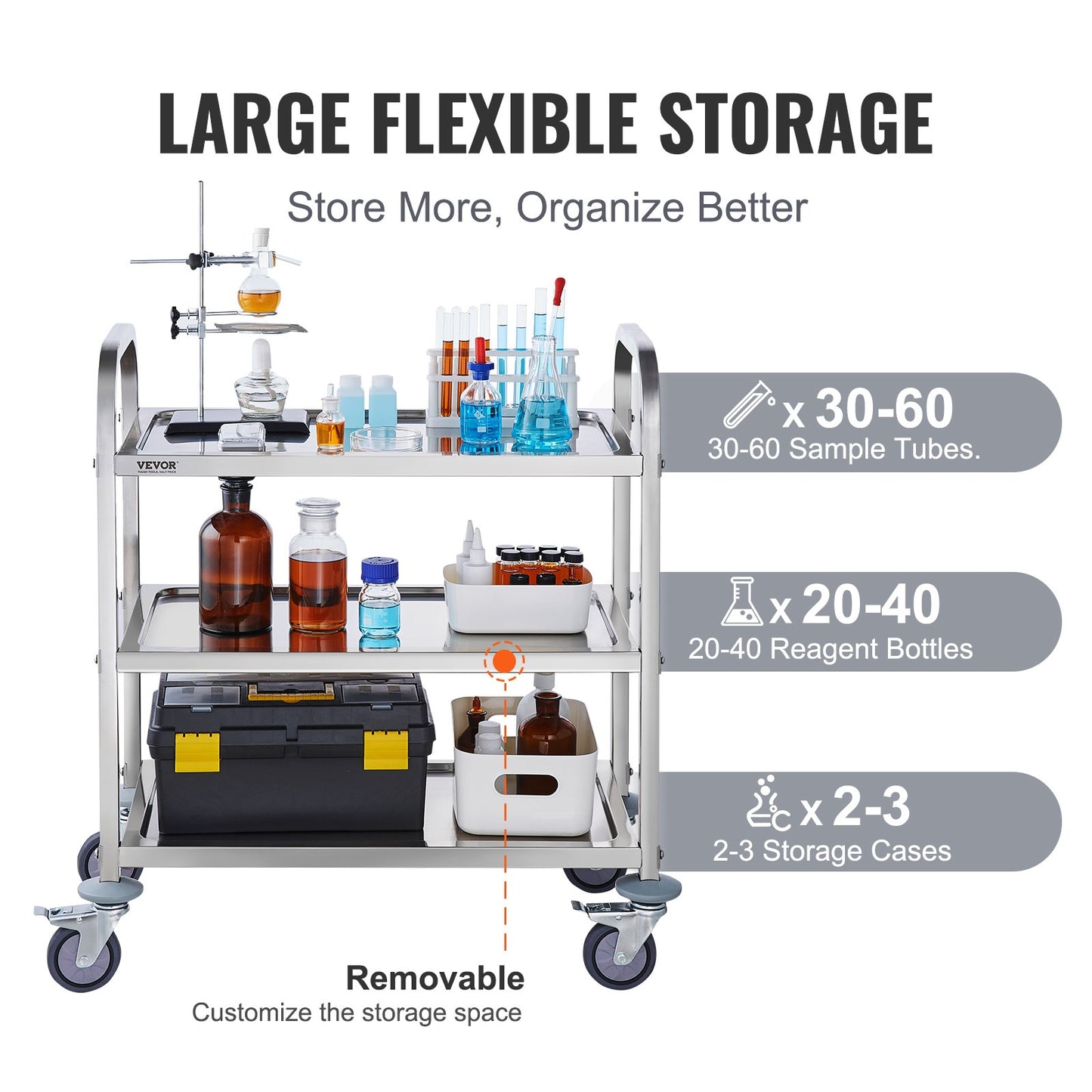 Stainless Steel Cart, 3 Layers Lab Utility Cart 181 kg Weight Capacity, Medical Cart with Lockable Universal Wheels, for Lab, Clinic, Kitchen, Salon