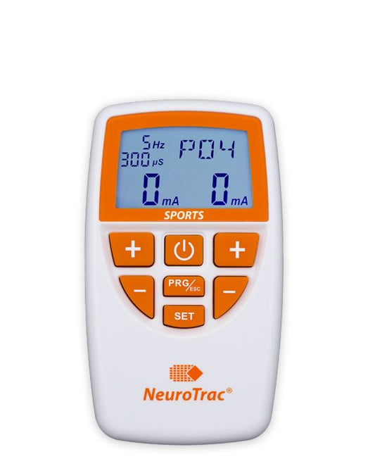 NeuroTrac electronic device with digital display on a white background